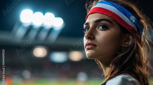 Patriotic Passion: Young Woman with Costa Rican Flag Face Paint Watching Soccer Match in Soft Stadium Lighting photo