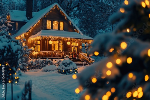 Snow-covered House with Christmas Lights