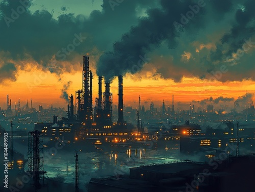 Industrial Cityscape at Sunset: A Smoky Silhouette