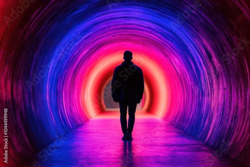 Silhouette of a person walking through a colorful illuminated tunnel.