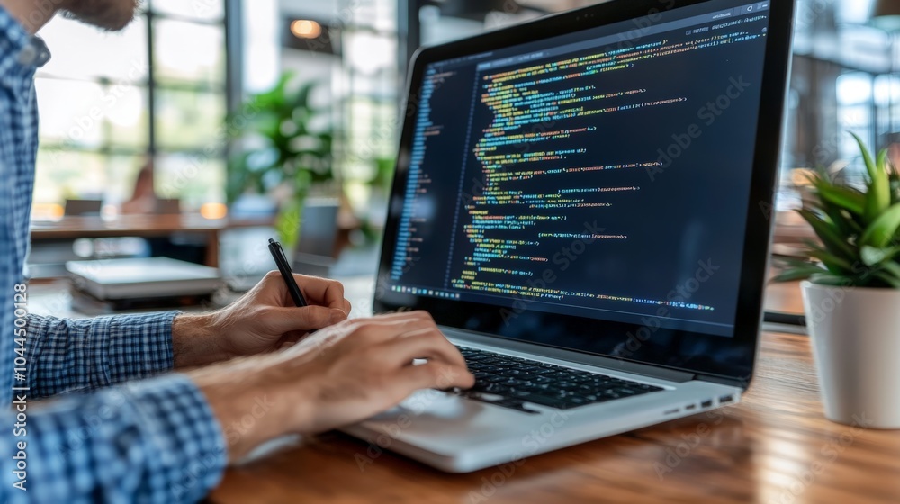 Programmer Working on Laptop with Code on Screen Hands Typing Blurred Background