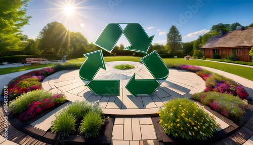 Promoting sustainability a vibrant garden with a recyclable symbol representing eco-friendly practices and green living photo