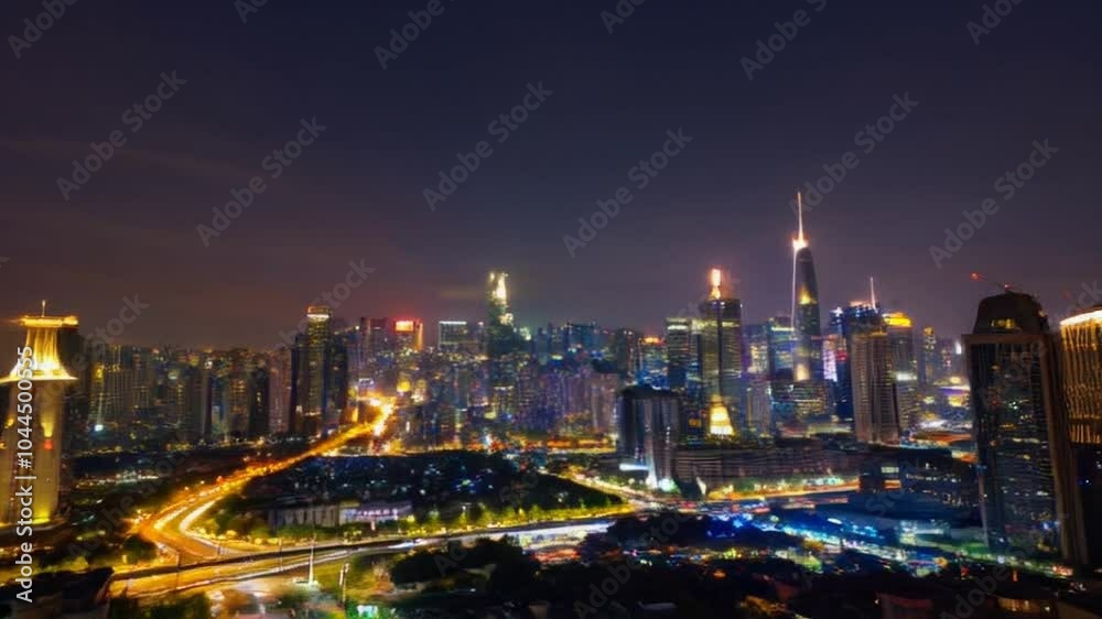 a bustling city transitioning from sunset to night. Focus on the vibrant lights of skyscrapers a bustling city transitioning from sunset to night. Focus on the vibrant lights of skyscrapers