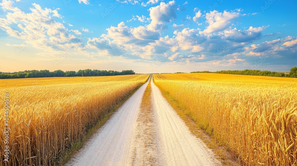 Fototapeta premium A serene dirt road stretches through golden wheat fields under a bright blue sky with fluffy clouds.