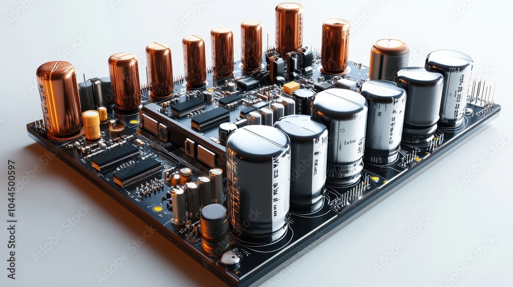 A close-up view of a detailed electronic circuit board showcasing intricate components and copper accents in modern design A close-up view of a detailed electronic circuit board showcasing intricate components and copper accents in modern design