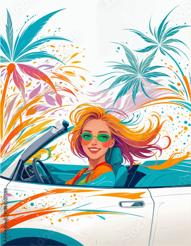 Happy girl rides car. Driving, trip, travel concept. Exotic Journey. Cartoon vector illustration