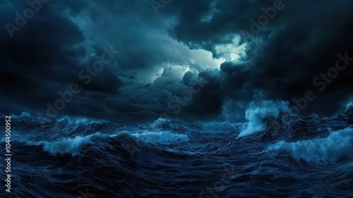 Stormy ocean waves under dark, ominous clouds.