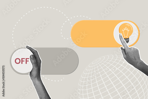 Trendy halftone collage. Concept of new idea, inspiration,switch light bulb to create an idea, turn on knowledge, activate idea, press toggle switch to turn on idea. Illustration for web banner
