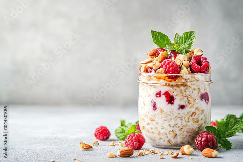 Overnight oats in a jar with berries, nuts, and honey drizzled on top photo