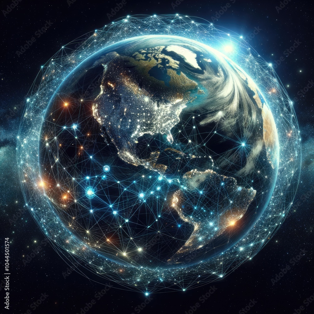 Obraz premium Global Artificial Intelligence Network Visualization: Futuristic Digital Connectivity Across Continents with Data Flow, AI Integration, and Worldwide Communication in Space View