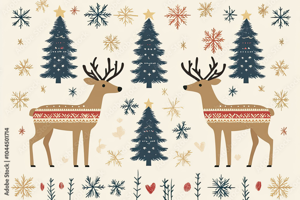 Naklejka premium Seamless Christmas pattern with simple reindeer, pine trees, and snowflakes