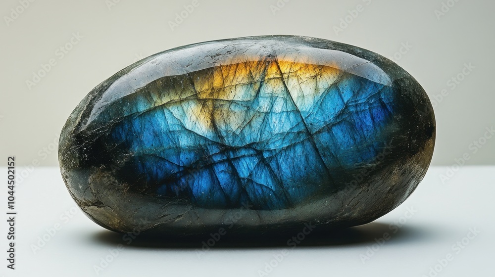 A stunning labradorite stone showcasing vibrant blue and gold hues under soft light in a serene indoor setting A stunning labradorite stone showcasing vibrant blue and gold hues under soft light in a serene indoor setting