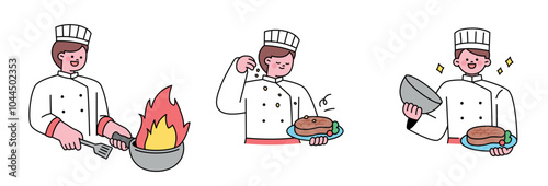 A chef in a white uniform is grilling a steak. Cute character upper body illustration with outline.