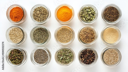 Small Glass Jars of Herbs in Circular Arrangement