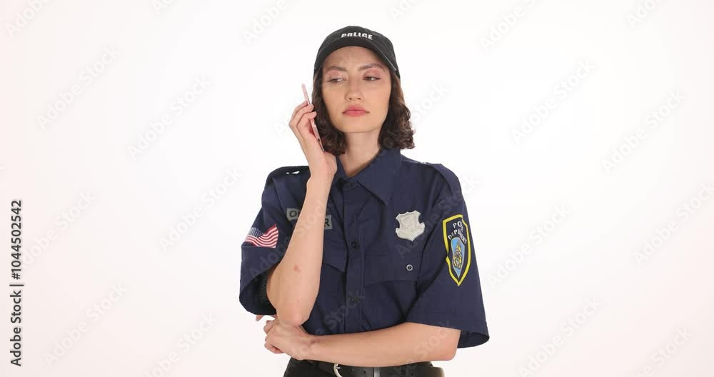 Young woman police officer makes phone call to station on white background. Female reports details of ongoing investigation slow motion Young woman police officer makes phone call to station on white background. Female reports details of ongoing investigation slow motion