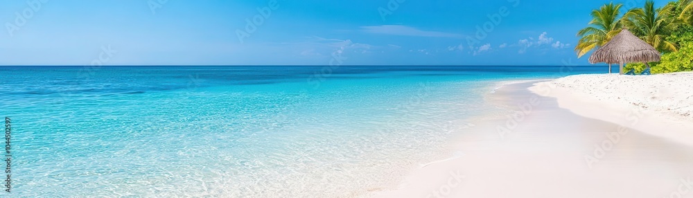 Tropical beach with white sand and crystal-clear water under a bright blue sky. Tropical beach with white sand and crystal-clear water under a bright blue sky.