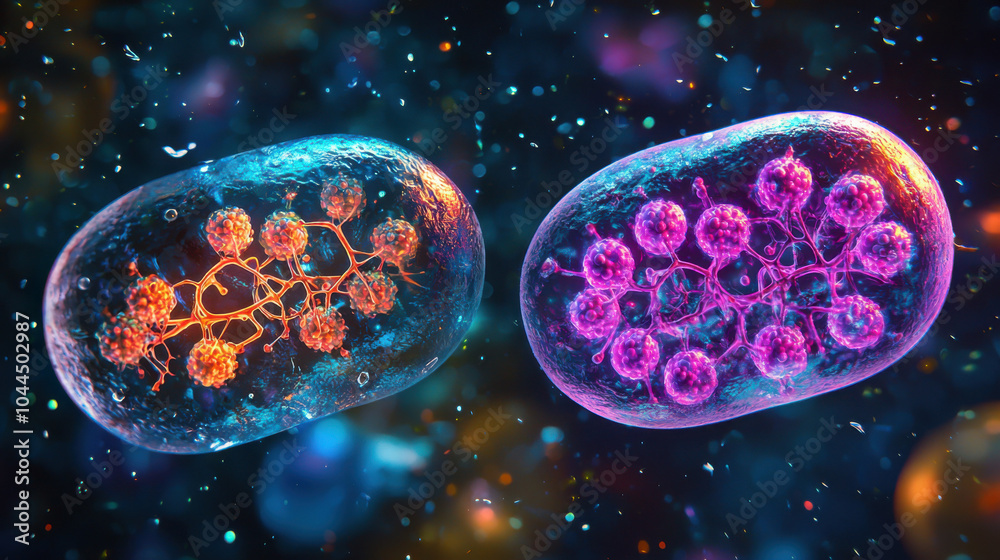 Microscopic View of Cells in a Blue and Purple Background Microscopic View of Cells in a Blue and Purple Background