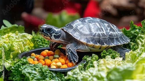 A turtle is actively feeding on a mix of colorful pellets and vegetables in a vibrant, leafy environment, basking in natural light during the day photo