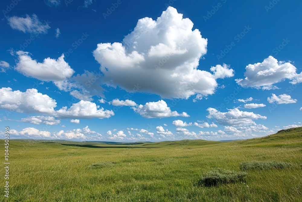 Vast green meadow under a bright blue sky with fluffy white clouds. Vast green meadow under a bright blue sky with fluffy white clouds.