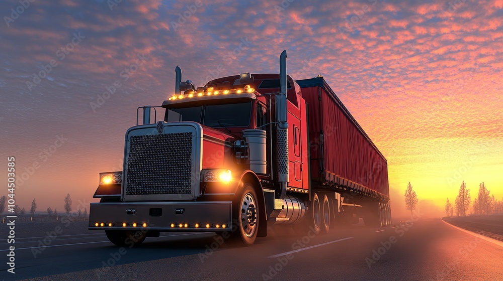 Red Semi Truck Driving on Desert Highway at Sunset Red Semi Truck Driving on Desert Highway at Sunset