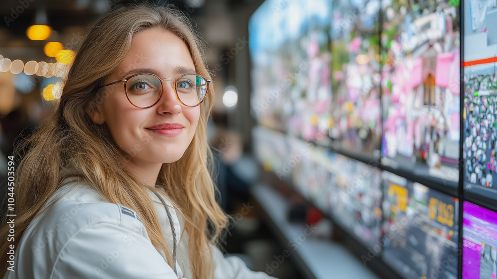 A woman wearing glasses is smiling at a computer monitor. The monitor is displaying a variety of images, including a few with pink flowers
