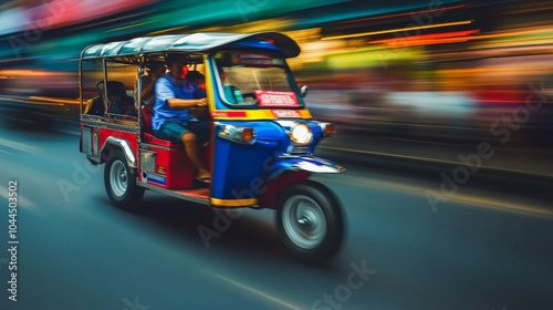Colorful Tuk Tuk Taxi in Motion Blur Bangkok Street Scene Thailand Transportation