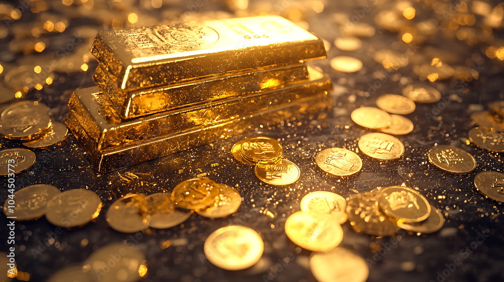 Shimmering gold bars and coins piled elegantly on a dark background showcasing wealth and luxury in a stunning display Shimmering gold bars and coins piled elegantly on a dark background showcasing wealth and luxury in a stunning display