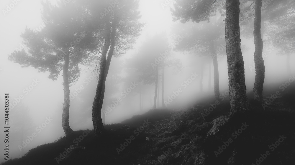 Fototapeta premium A foggy forest with trees and a misty atmosphere. The trees are tall and the sky is cloudy