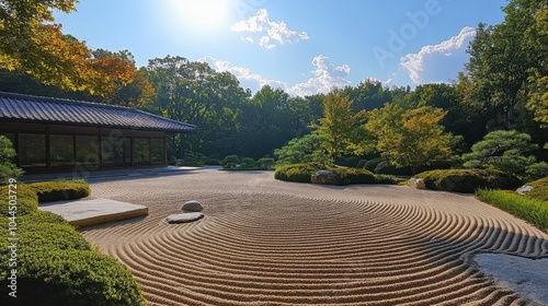 A tranquil Japanese garden at midday with meticulously raked sand patterns and lush greenery embracing the serene atmosphere