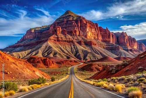 Scenic view of long shot road on rocky mountain with red mountain in background