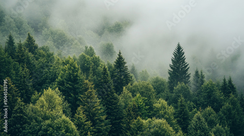 Fototapeta Naklejka Na Ścianę i Meble -  The foggy forest is peaceful and quiet. The trees are thick and green, with lots of different shades.