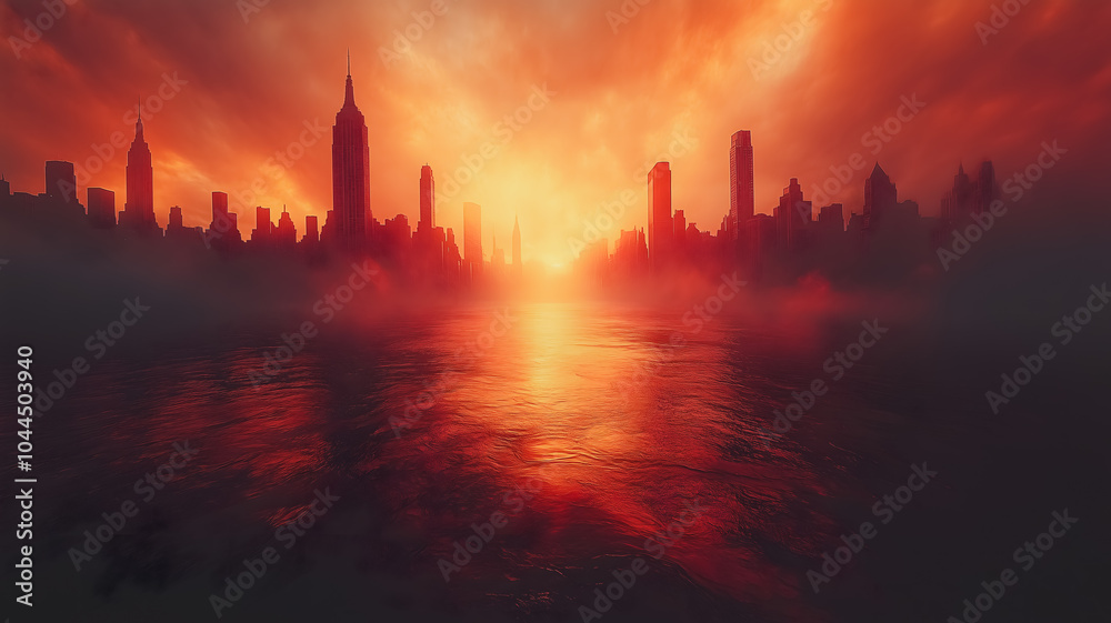 A city skyline with a red sun in the background. The sky is hazy and the city appears to be in the middle of a storm A city skyline with a red sun in the background. The sky is hazy and the city appears to be in the middle of a storm