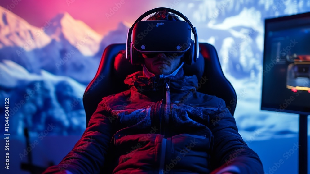 A person immersed in a virtual reality experience, wearing a headset and seated in a gaming chair. A person immersed in a virtual reality experience, wearing a headset and seated in a gaming chair.