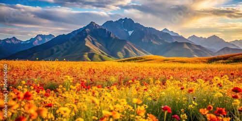 Scenic view of mountains and colorful flower field