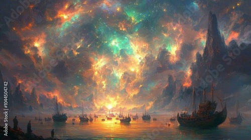 Fantasy Seascape with Boats and Starry Sky Colorful Cloudscape Artwork photo