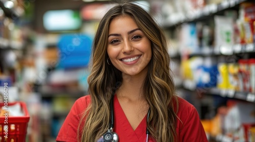 Smiling healthcare professional in a pharmacy aisle