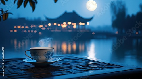 The moon shone brightly on the night of the Mid-Autumn Festival. On the table outdoors was a porcelain teacup from Jingdezhen. Within the teacup photo