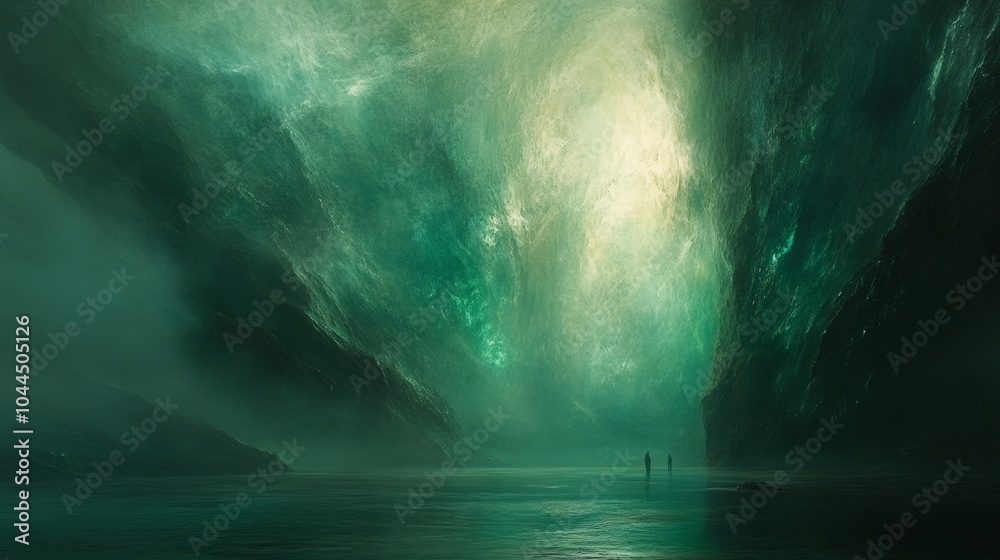 Naklejka premium Ethereal Green Landscape With Two Figures Serene River and Foggy Sky