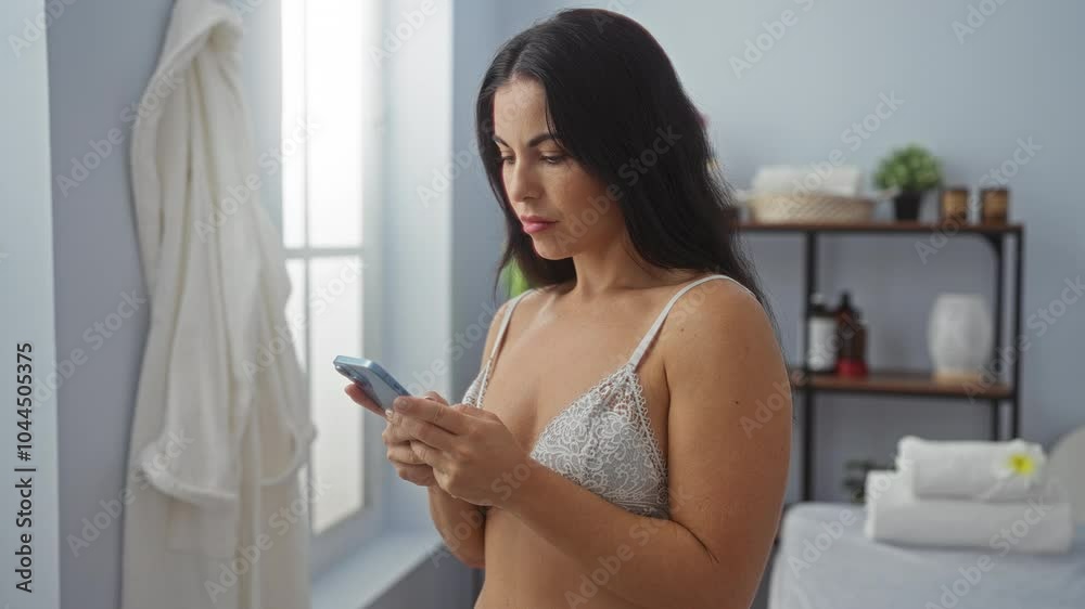 Young woman with brunette hair and a serious expression using her mobile phone in a spa beauty center's indoor room.