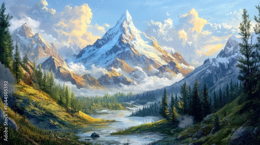 Obraz premium A majestic snowy peak rising above a tranquil forested valley, symbolizing the awe-inspiring power and beauty of nature