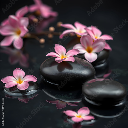 beautiful pink spa flowers on spa hot stones on water wet background. side composition. copy space. spa concept. dark background