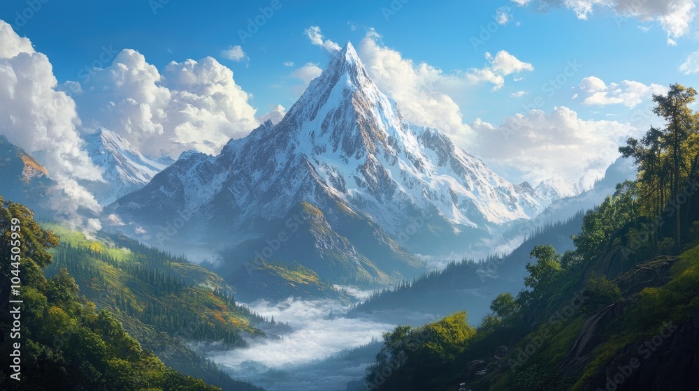 Fototapeta premium Snow-capped mountain peak towering over a lush valley of forests, capturing the majesty and power of nature