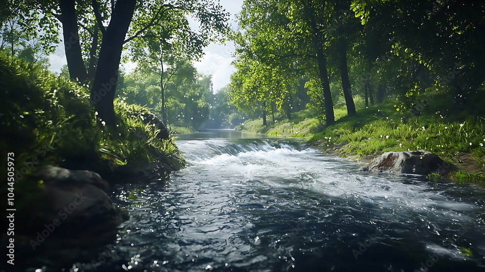 Tranquil waters a serene river meandering through a lush green forest landscape embracing nature's beauty and harmony Tranquil waters a serene river meandering through a lush green forest landscape embracing nature's beauty and harmony