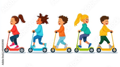 A group of children are happily racing on their scooters, showcasing carefree energy and excitement during a sunny afternoon in the park