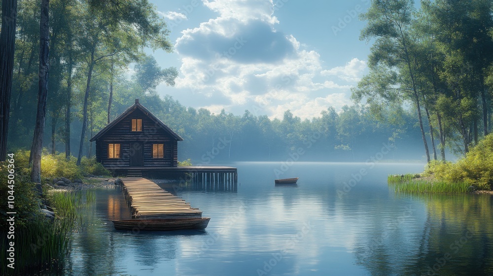 Fototapeta premium Peaceful lakeside cabin with a wooden dock and small boat. Featuring a tranquil setting and natural surroundings. Highlighting relaxation and nature. Ideal for travel and lifestyle magazines.