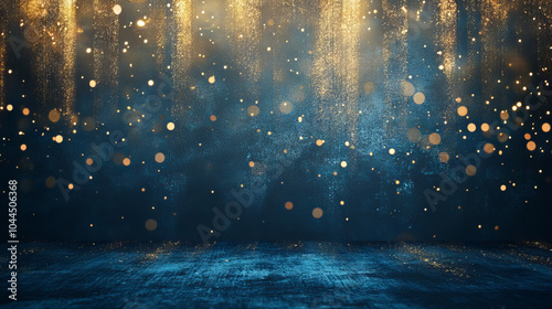 A dramatic dark blue stage with shimmering gold spotlights and glitter. This elegant background is perfect for an award ceremony, anniversary celebration, or a special recognition event.