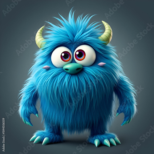 Cute blue furry monster 3D cartoon character cute furry monster green monster