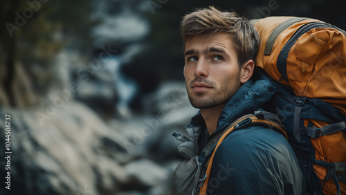 White female backpacker or mountaineer, copy space, looking at the subject with a serious or sad expression photo