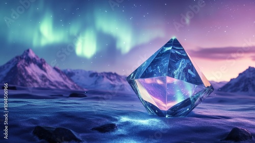 A crystal prism reflects the vibrant auroras over snow-capped mountains in the enchanting Arctic night sky