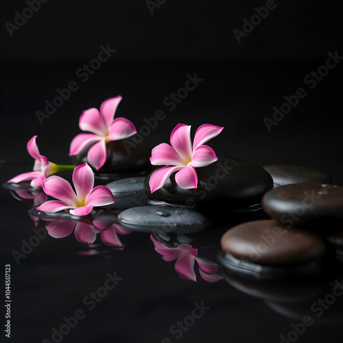 beautiful pink spa flowers on spa hot stones on water wet background. side composition. copy space. spa concept. dark background